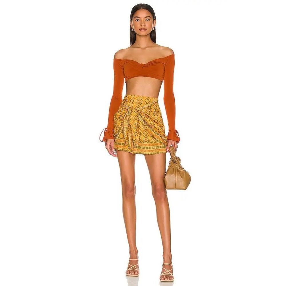 Free People Imogen Sarong Boho Viscose hippie Turmeric Orange Wrap Mini Skirt 4 - Picture 4 of 10